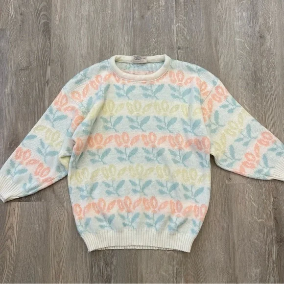 VINTAGE 1980s Justin Allen Spring Cottagecore Pastel Sweater - Size M - Picture 4 of 13
